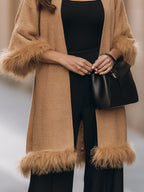 Faux Fur Trim Open-Front Knit Coat