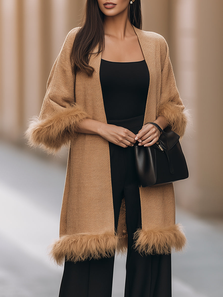 Faux Fur Trim Open-Front Knit Coat
