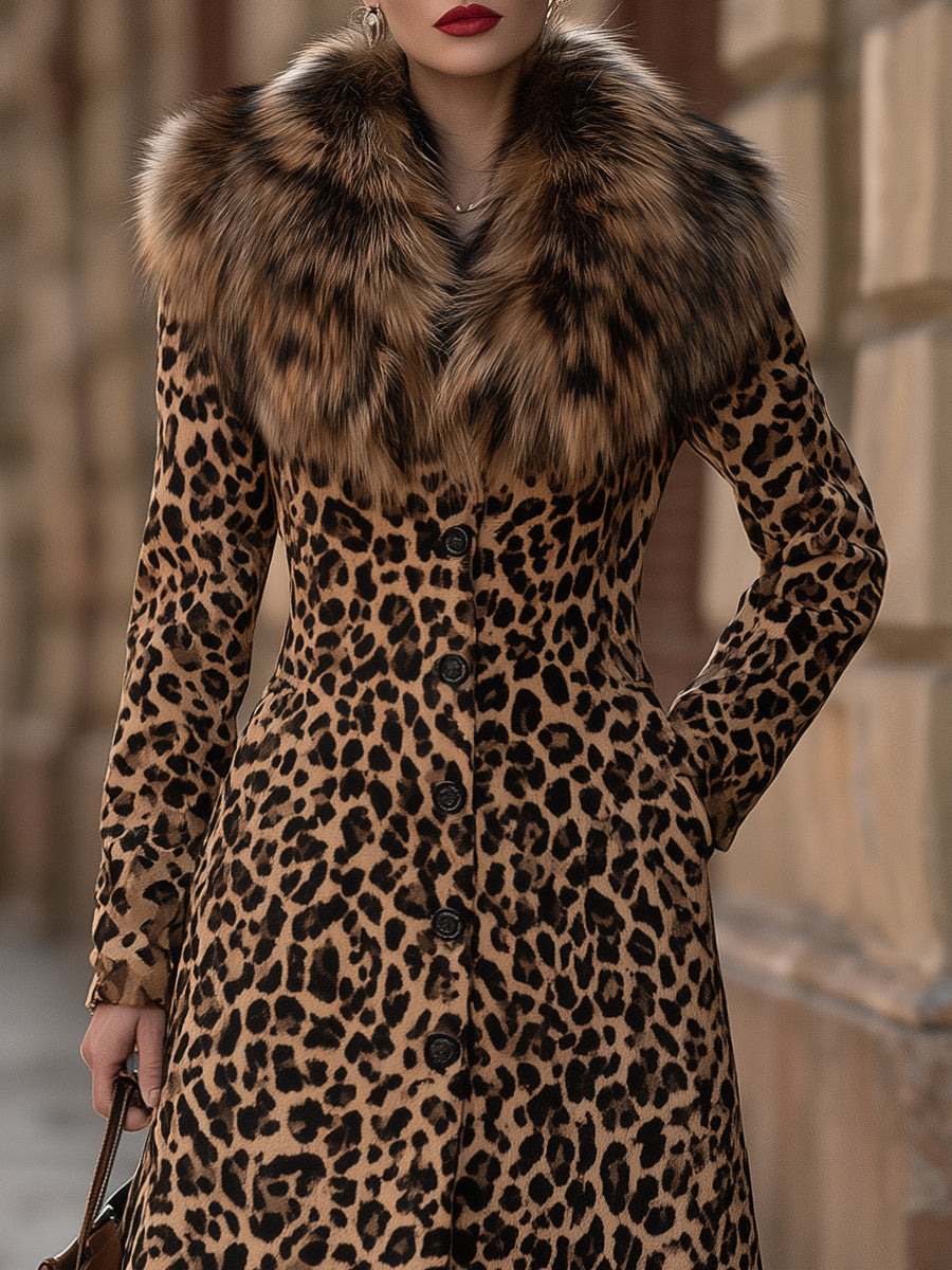 Leopard Print Faux Fur Collar Long Coat