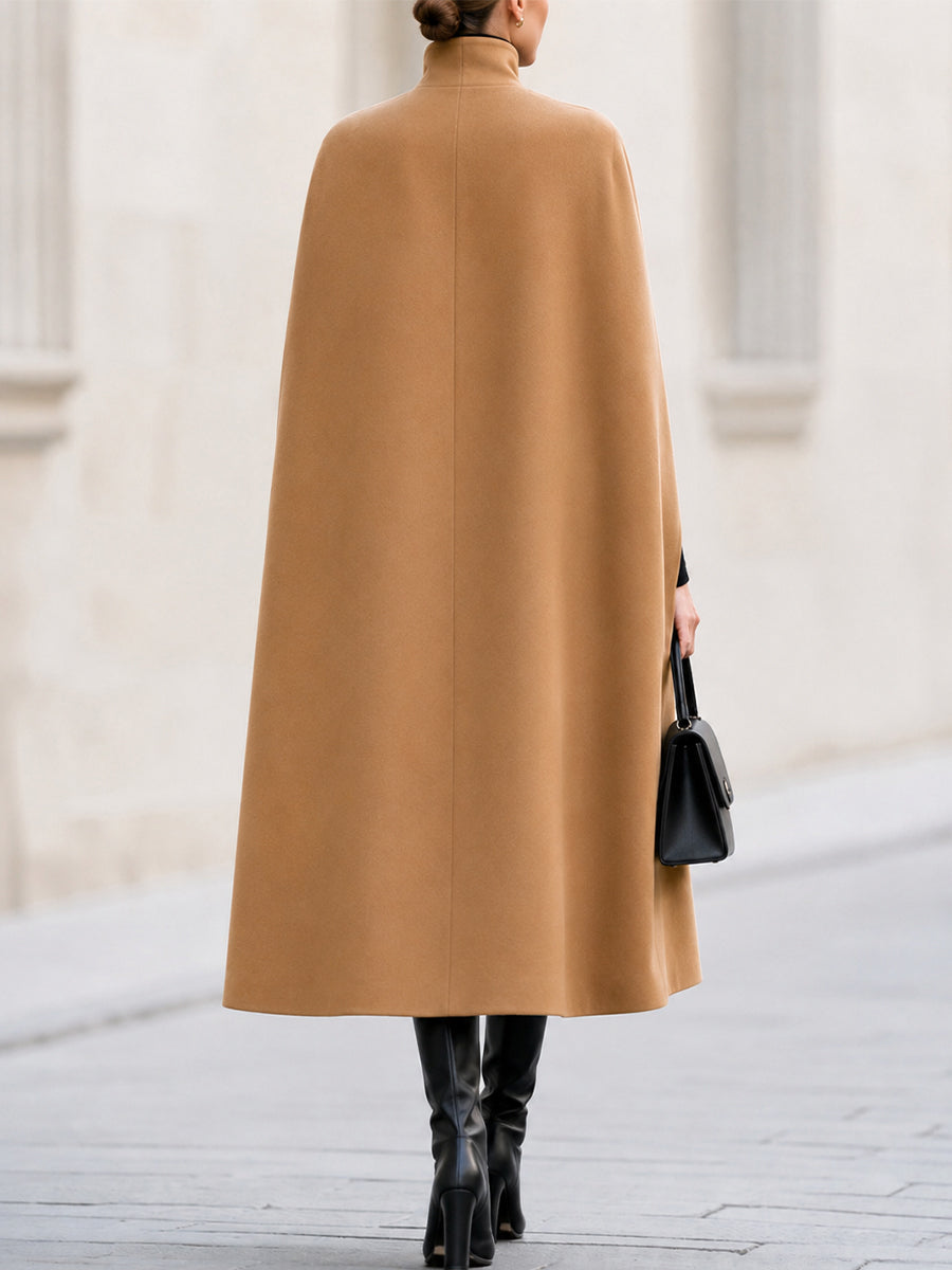 High‑Neck Single‑Button Wool‑Blend Long Cape Coat