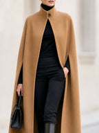 High‑Neck Single‑Button Wool‑Blend Long Cape Coat