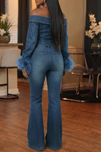 Women's Elegant Off-Shoulder Feather Cuff Rhinestone Denim Top or Jeans