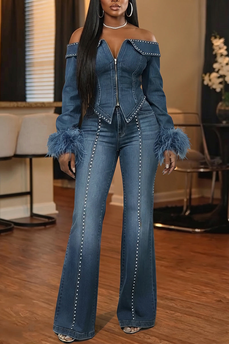 Women's Elegant Off-Shoulder Feather Cuff Rhinestone Denim Top or Jeans