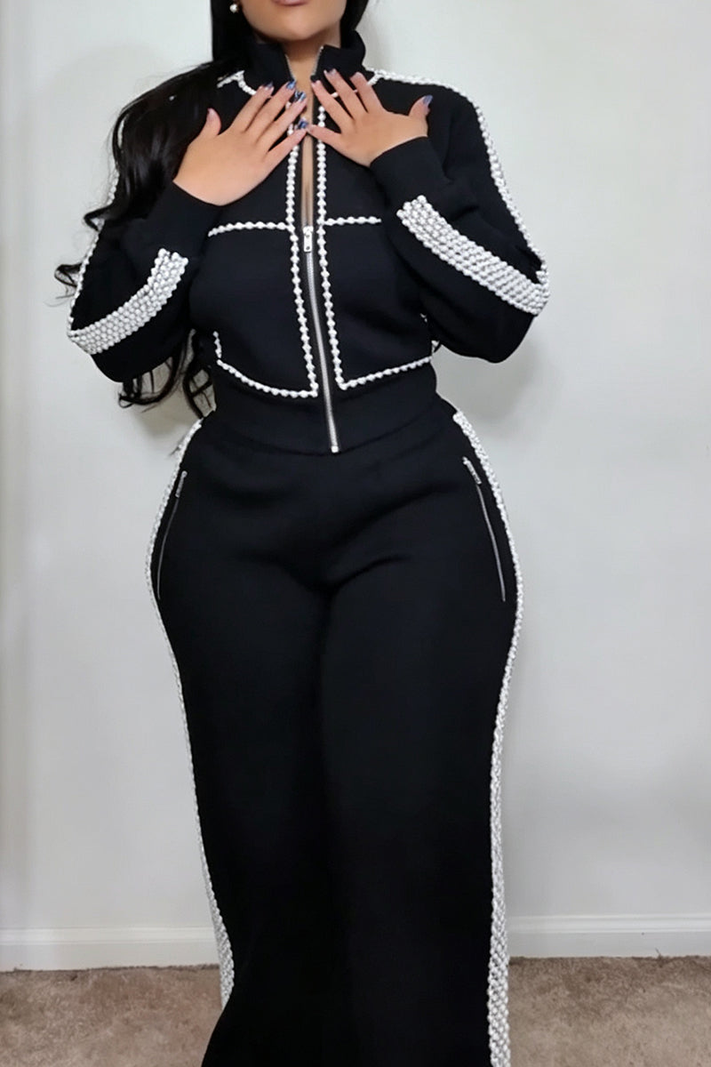 Women's Casual Beads Decoration Short Jacket or Pants