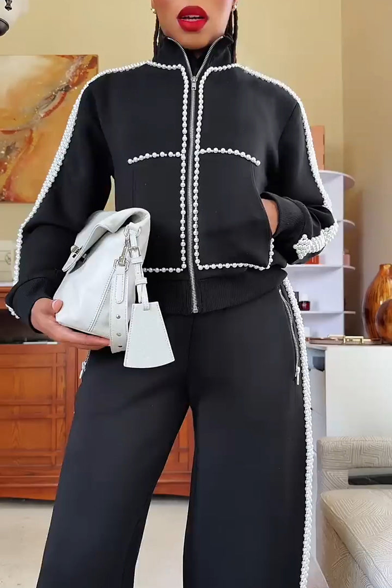 Women's Casual Beads Decoration Short Jacket or Pants