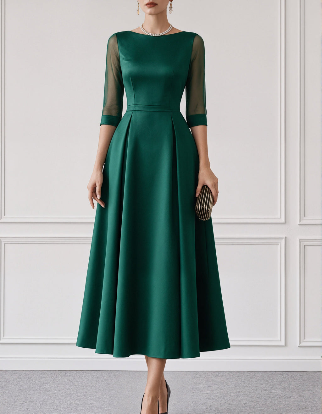 Green Satin Boat Neck Mesh Three Quarter Sleeves Midi Dress