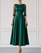 Green Satin Boat Neck Mesh Three Quarter Sleeves Midi Dress