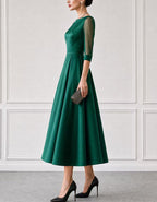 Green Satin Boat Neck Mesh Three Quarter Sleeves Midi Dress
