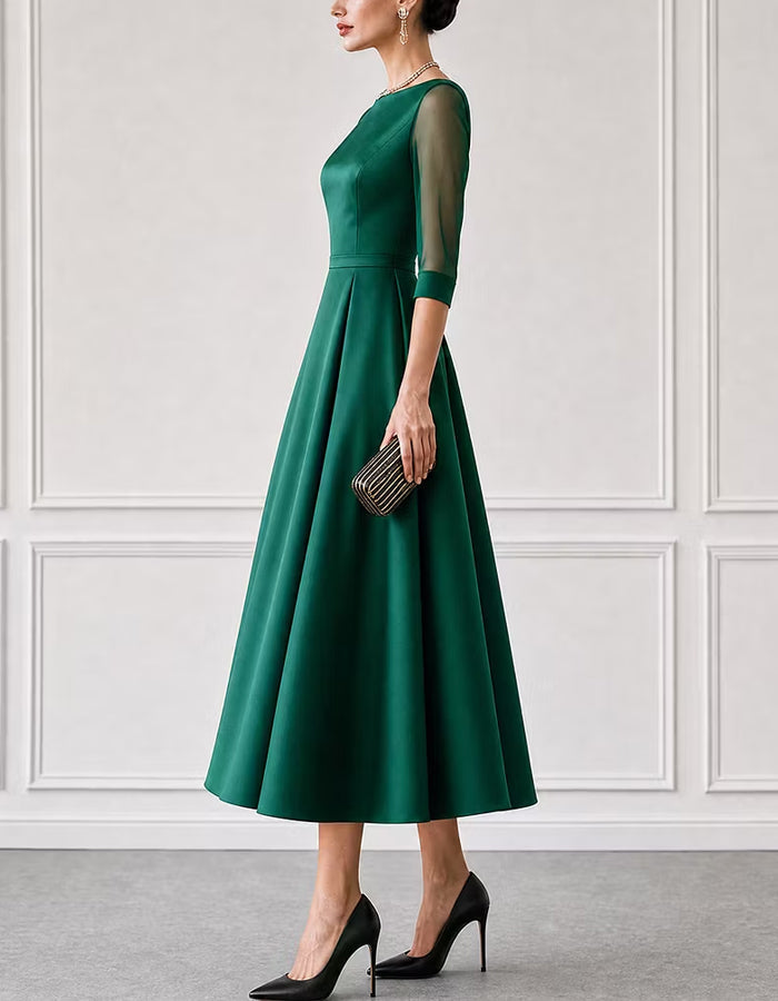 Green Satin Boat Neck Mesh Three Quarter Sleeves Midi Dress