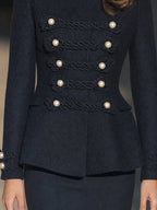 Pearl-Button Corded Military Peplum Jacket With Sculpted Waist