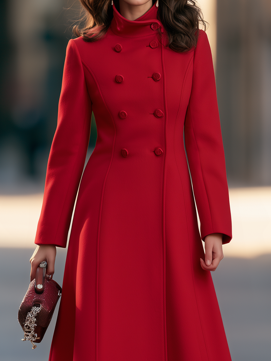 High-Collar Double-Breasted Fit-and-Flare Maxi Coat