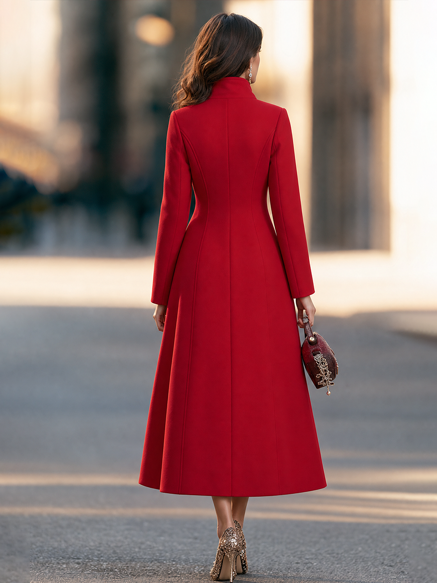 High-Collar Double-Breasted Fit-and-Flare Maxi Coat