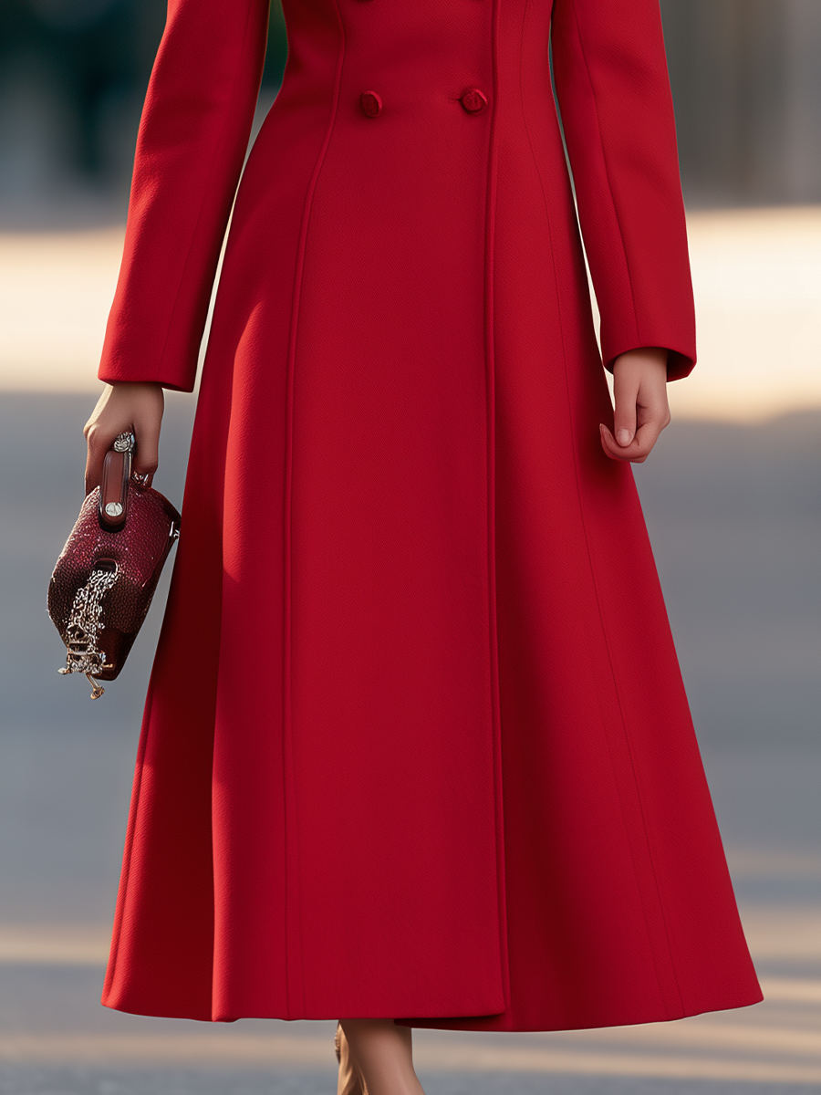 High-Collar Double-Breasted Fit-and-Flare Maxi Coat
