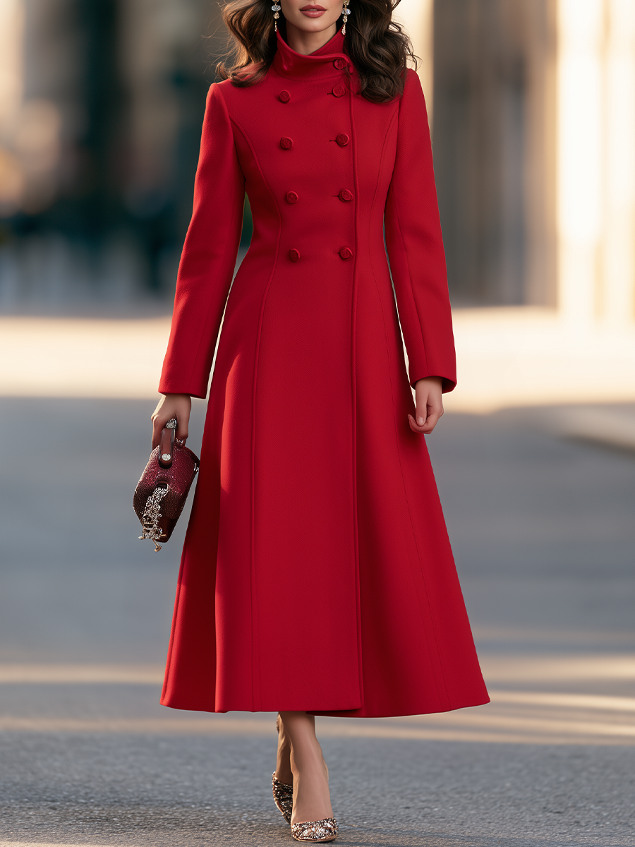 High-Collar Double-Breasted Fit-and-Flare Maxi Coat