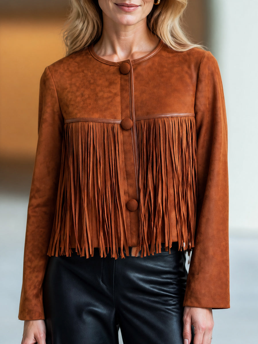 Tassel-Trimmed Faux Suede Jacket