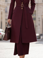 Women's Elegant Wool Blend Belted Long Coat with Peak Lapel