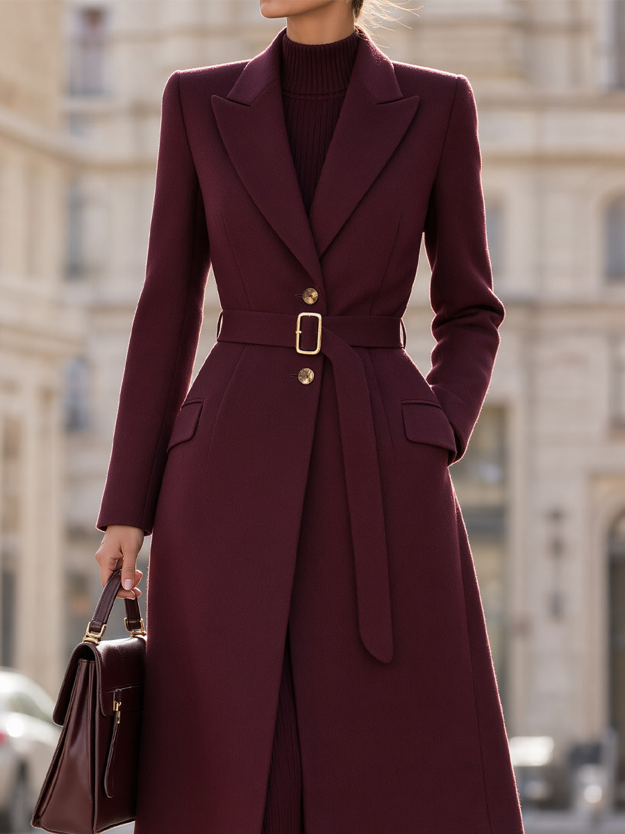 Women's Elegant Wool Blend Belted Long Coat with Peak Lapel