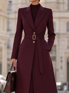 Women's Elegant Wool Blend Belted Long Coat with Peak Lapel