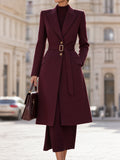 Women's Elegant Wool Blend Belted Long Coat with Peak Lapel