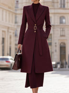 Women's Elegant Wool Blend Belted Long Coat with Peak Lapel