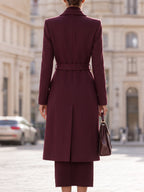 Women's Elegant Wool Blend Belted Long Coat with Peak Lapel
