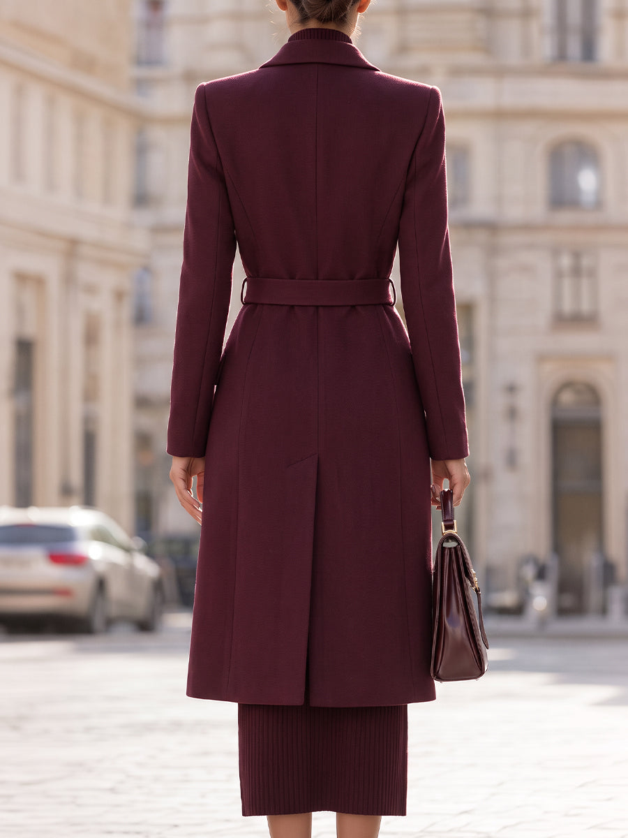 Women's Elegant Wool Blend Belted Long Coat with Peak Lapel