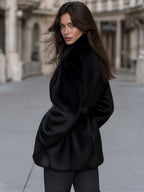 Belted Plush Fur Jacket With Buckled Stand Collar