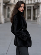 Belted Plush Fur Jacket With Buckled Stand Collar