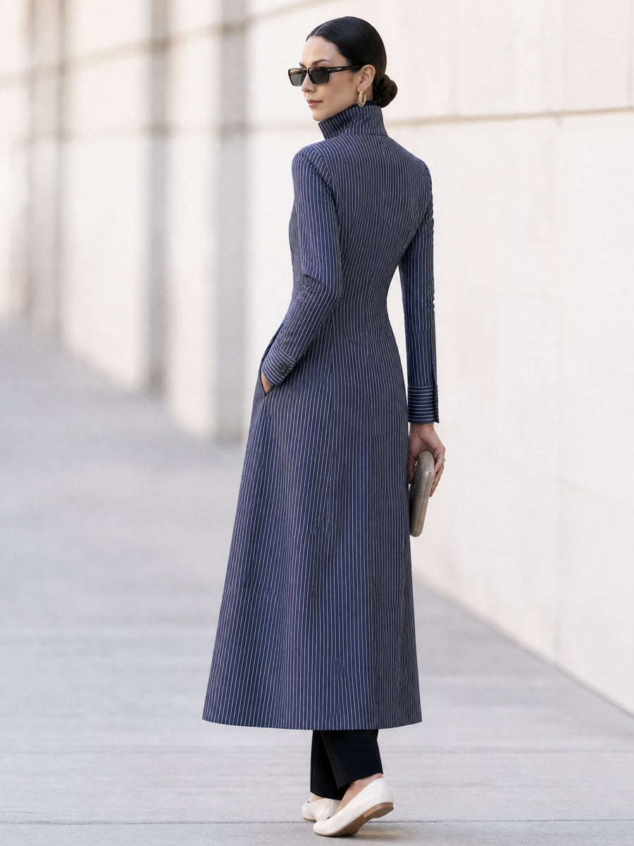 Pinstripe Tailored Maxi Coat with Stand Collar