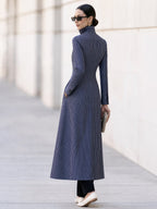 Pinstripe Tailored Maxi Coat with Stand Collar