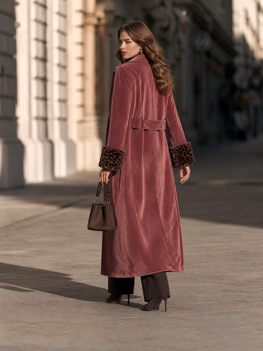 Single-Button Velvet Maxi Coat With Leopard Faux Fur Cuffs