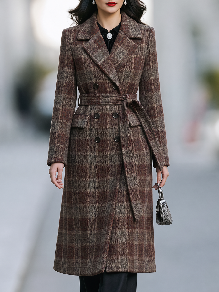 Plaid Double-Breasted Belted Wool-Blend Longline Coat