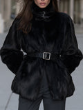 Belted Plush Fur Jacket With Buckled Stand Collar