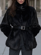 Belted Plush Fur Jacket With Buckled Stand Collar