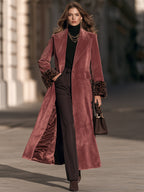 Single-Button Velvet Maxi Coat With Leopard Faux Fur Cuffs