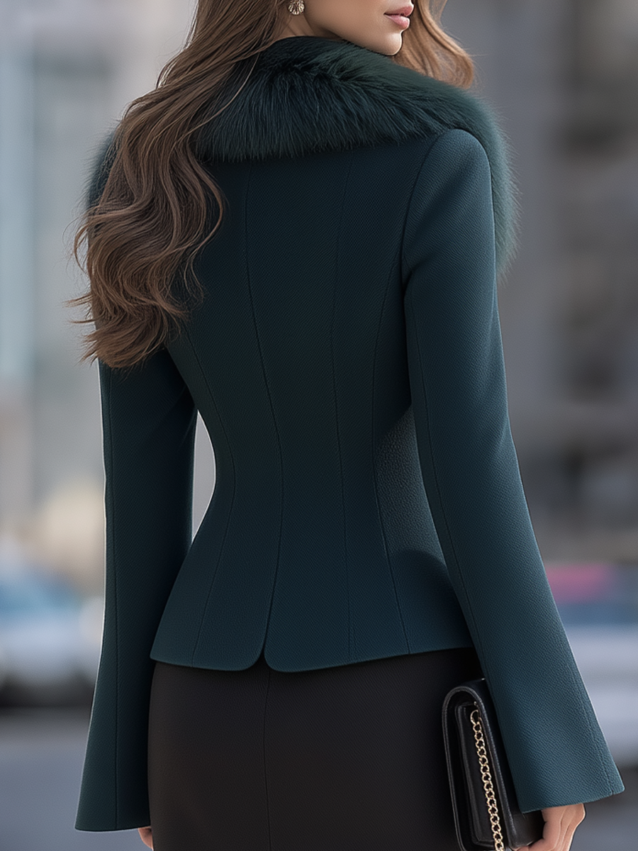 Deep Teal Faux Fur Shawl Collar Flared Sleeve Short Coat