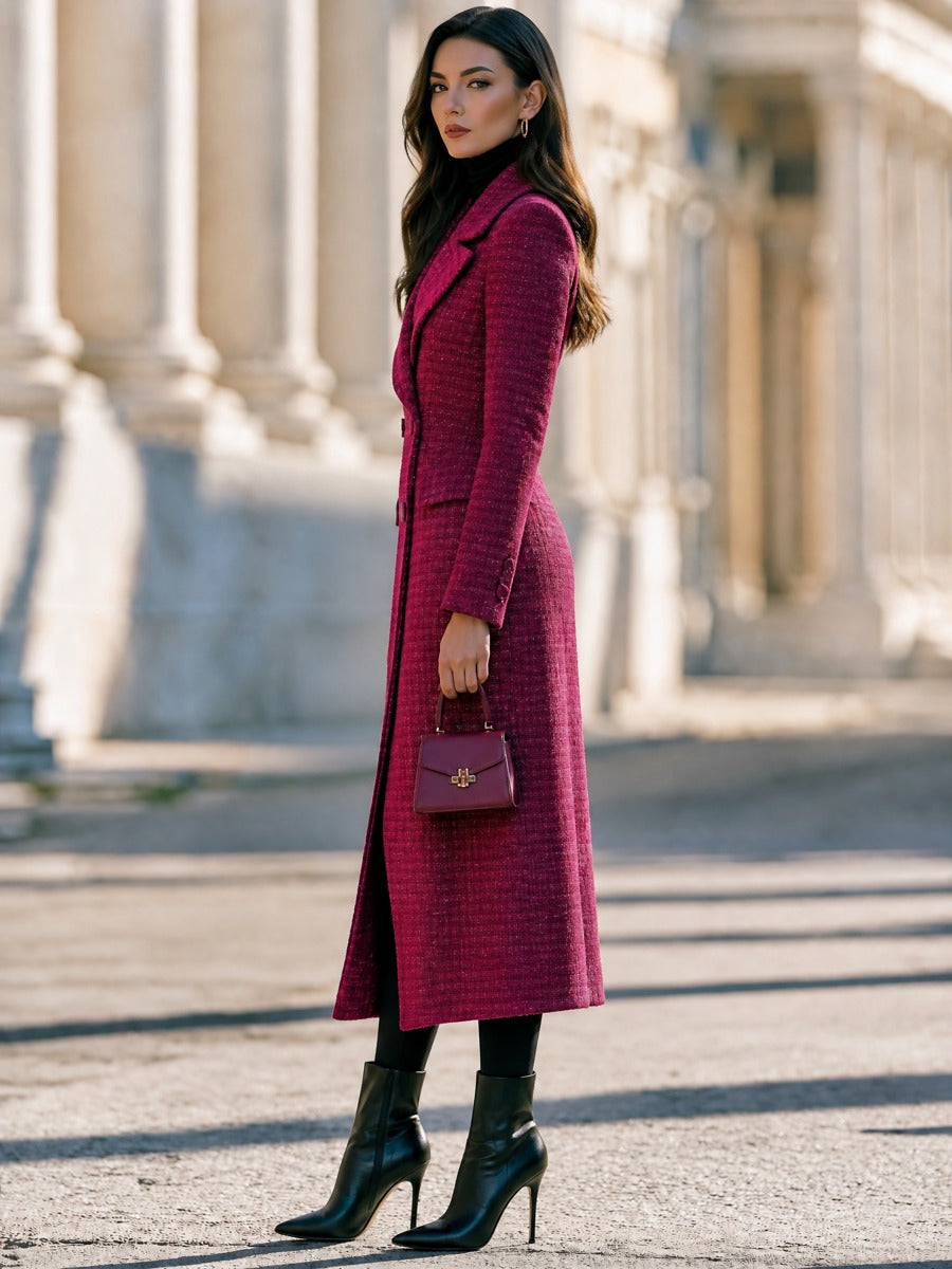 Elegant Notch Lapel Double-Breasted Tweed Long Coat