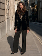 Single-Button Velvet Blazer With Leopard Peak Lapels And Turn-Back Cuffs