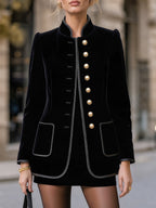 Stand Collar Gold-Button Velvet Tailored Coat