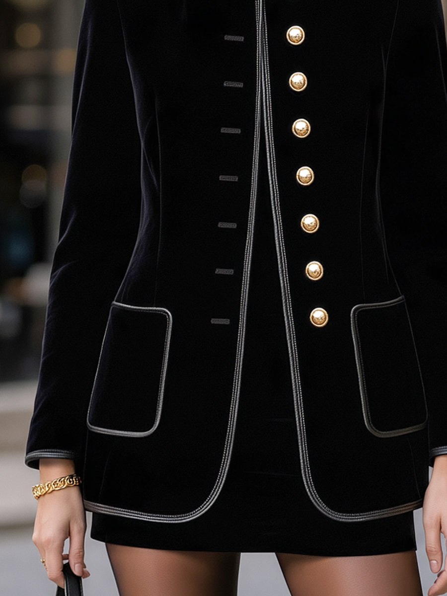 Stand Collar Gold-Button Velvet Tailored Coat