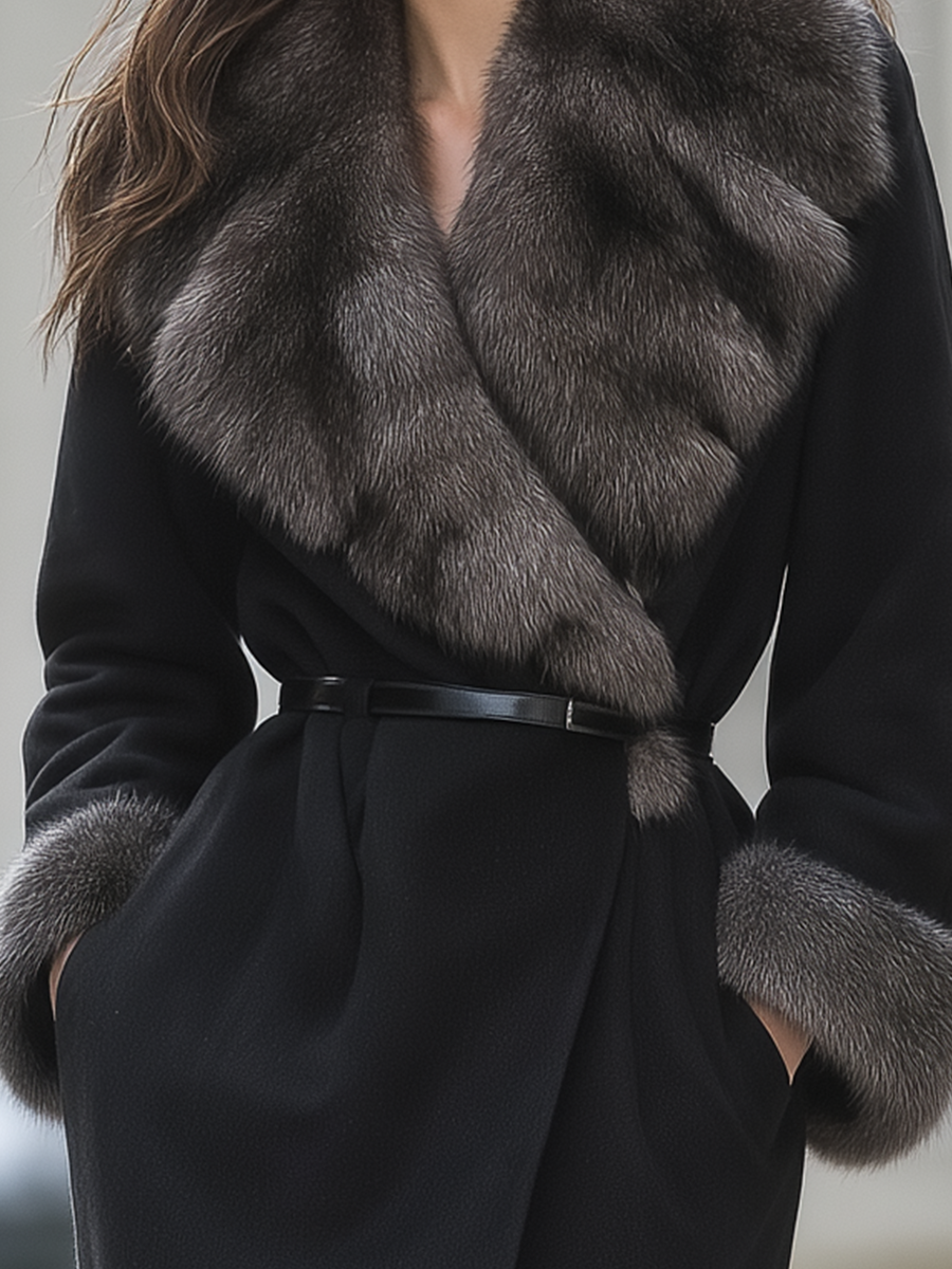 Black Faux Fur Shawl Collar Belted Wrap Midi Coat