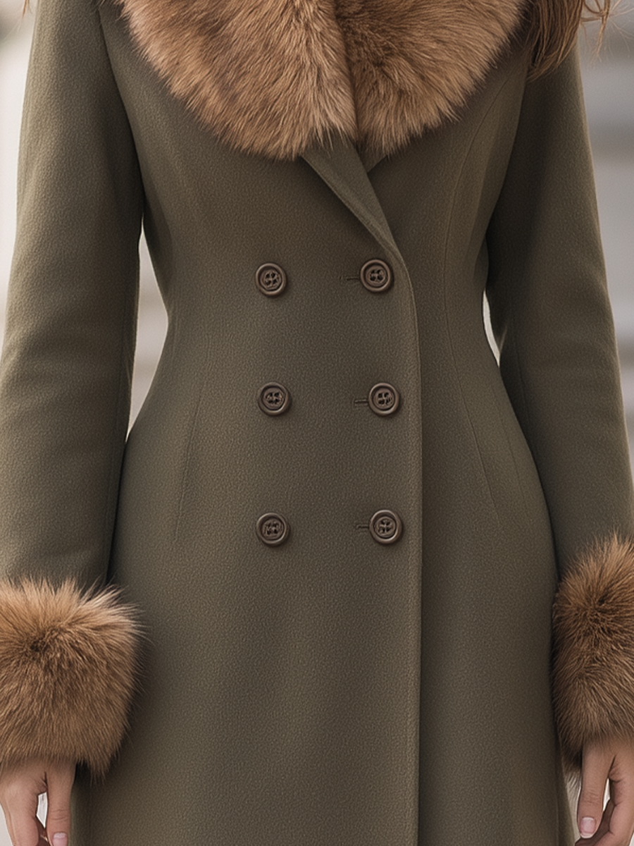 Olive Green Faux Fur Collar Double-Breasted Flared Long Coat