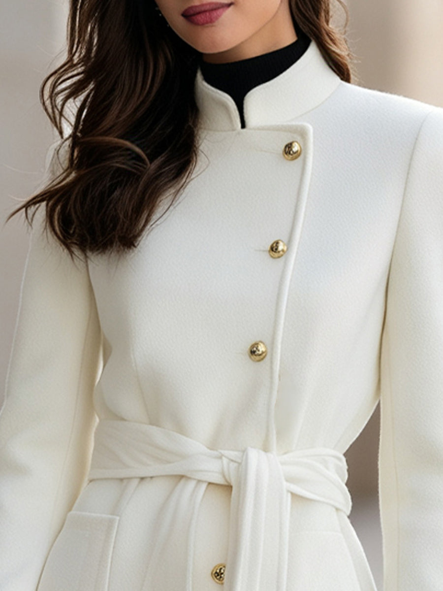Stand-Collar Belted Gold Buttons Woolen Coat