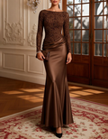 Chocolate Brown Bateau Neck Long‑Sleeve Lace & Satin Mermaid Maxi Dress