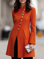 Asymmetrical Stand-Collar Gold Buttons Woolen Coat