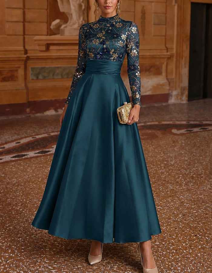 Satin High Neck Long Sleeve Sequin Lace Maxi Dress
