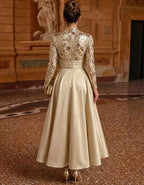 Satin High Neck Long Sleeve Sequin Lace Maxi Dress