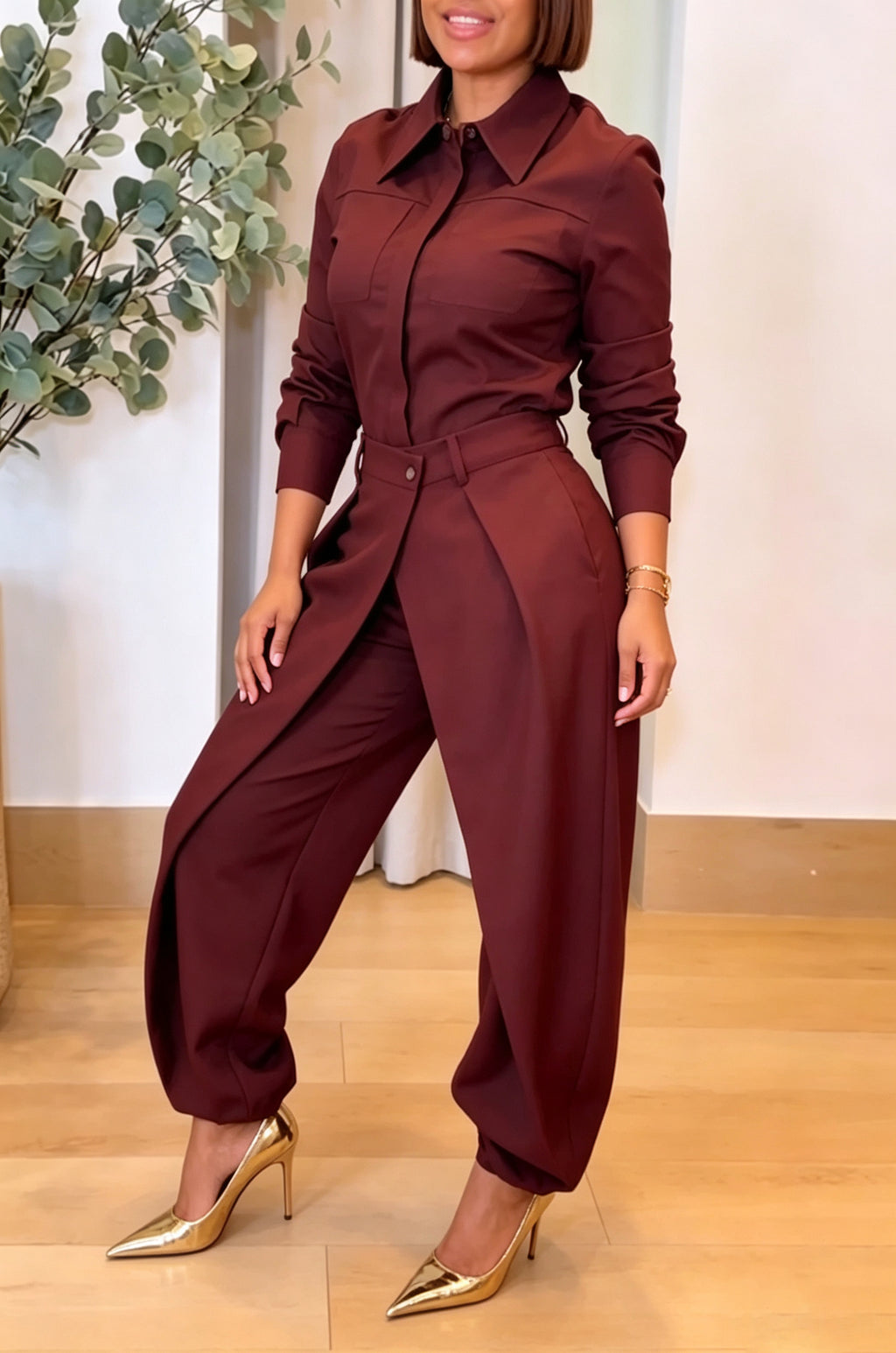 Women's Fashion Commuter Shirt Overlap Elastic Cuff Pants Two-Piece Set