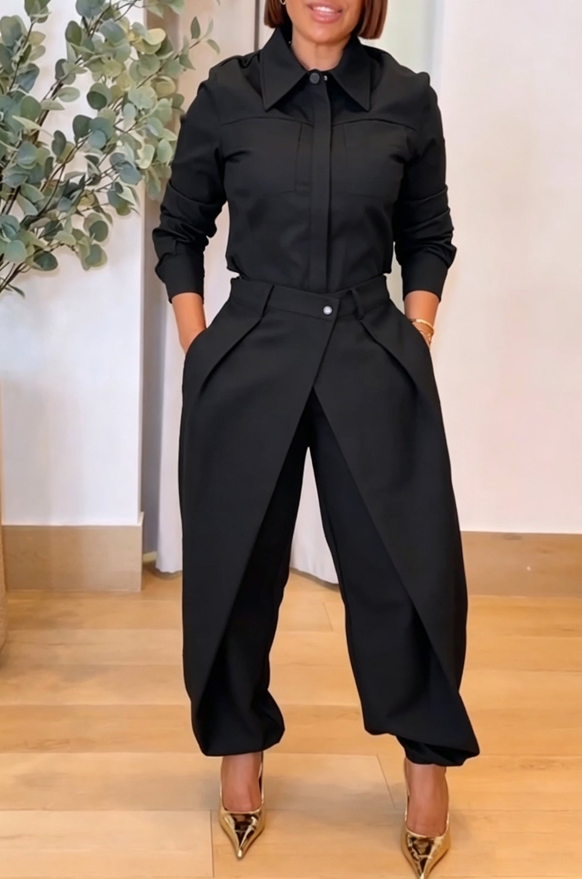 Women's Fashion Commuter Shirt Overlap Elastic Cuff Pants Two-Piece Set