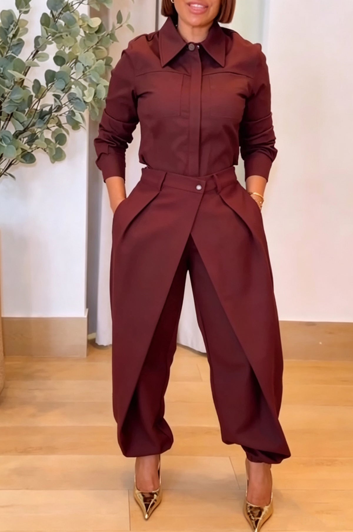 Women's Fashion Commuter Shirt Overlap Elastic Cuff Pants Two-Piece Set